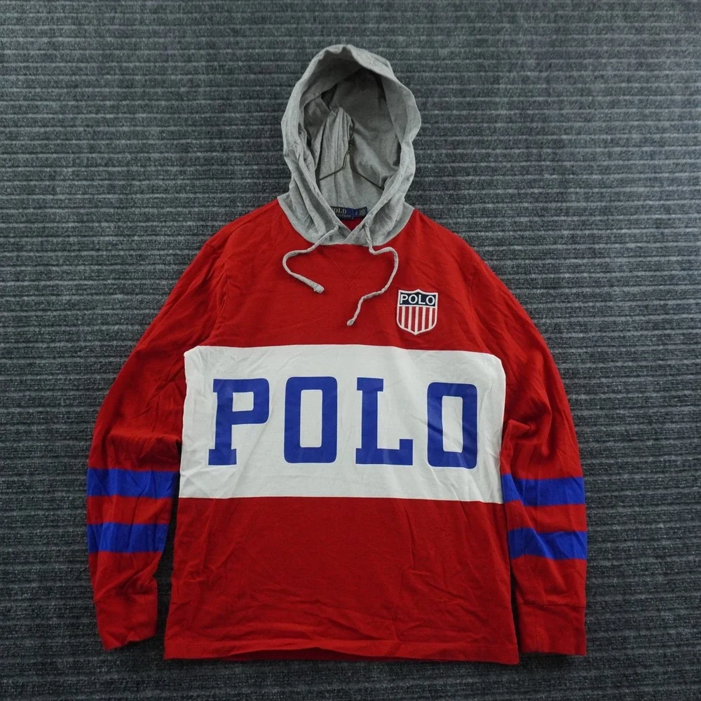 Polo Ralph Lauren Hooded T-Shirt Mens Small Red Colorblock Track Graphic